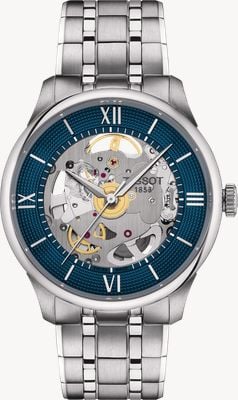 Tissot Chemin des tourelles squelette powermatic 80 (39 mm) blaues Skelettzifferblatt / Edelstahlarmband T1398361104800