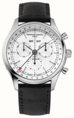 Frederique Constant Cronografo classico al quarzo (40 mm) quadrante bianco/cinturino in pelle nera FC-296SW5B6