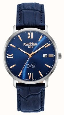 Roamer Valais Gents Blue Dial With Rose Gold Batons Blue Leather Strap 958833 41 43 05