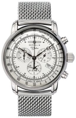 Zeppelin Herren-Chronograph „100 Jahre“ (42 mm), silbernes Zifferblatt / Edelstahl-Mesh-Armband 7680M-1