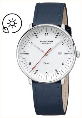 Mondaine Doppio Solar (41 mm) mattweißes Zifferblatt / blaues veganes Apple-Lederarmband MLE.41910.LDV