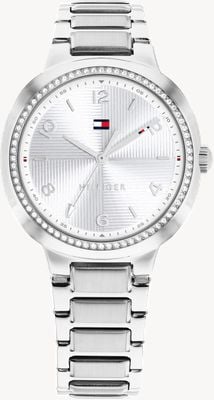 Tommy Hilfiger Reloj Savannah de cuarzo de tres manecillas (32,5 mm), esfera plateada / brazalete de acero inoxidable 1782899