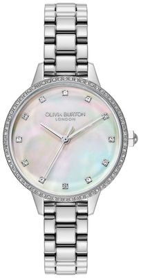 Olivia Burton Faszinierende Kristallquarzuhr (34 mm) mit Perlmuttzifferblatt und Edelstahlarmband 24000346