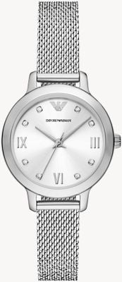 Emporio Armani Mostrador prateado feminino (32 mm) / pulseira de malha de aço inoxidável AR11584
