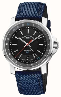 Mühle Glashütte 29er Big GMT Automatik (42,4 mm) schwarzes Zifferblatt / nautisch-blaues Canvas-Armband M1-25-93-CB-I