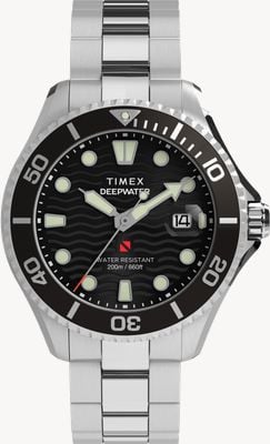 Timex 深水子午线 200 型（44 毫米）黑色波纹表盘 / 不锈钢表链腕表 TW2W82000