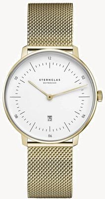 STERNGLAS Naos xs cuarzo (33 mm) esfera blanca / malla de acero inoxidable pvd dorado S01-ND02-MI07