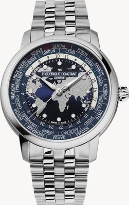 Frederique Constant Klassische Weltzeituhr-Automatik aus eigener Manufaktur (40mm) mit blauem Weltkartenzifferblatt / Edelstahlarmband-Uhr FC-719NN3H6B