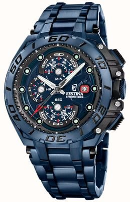 Festina Chrono Bike 2026 Sonderedition (46 mm) blaues Zifferblatt / Edelstahlarmband & schwarzes Kautschukarmband F20757/1