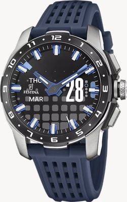 Festina Montre connectée hybride Full D (44 mm) avec affichage numérique et bracelet en silicone bleu foncé F23305/3