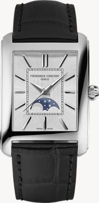 Frederique Constant Montre Carrée à phase de lune automatique (30 mm), cadran argenté soleillé, bracelet en cuir noir FC-333S4C6
