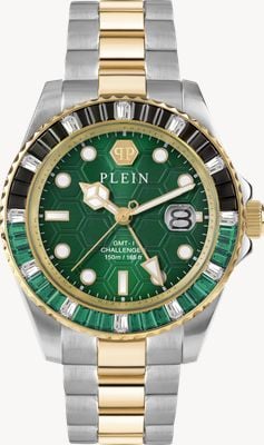 Philipp Plein Hyper-Sport GMT-I Challenger Baguettes (44 mm) grünes Zifferblatt / zweifarbiges Edelstahlarmband PWPZA0224