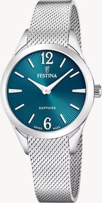 Festina Schweizer Quarzwerk (32 mm), türkisfarbenes Zifferblatt mit Sonnenschliff / Edelstahl-Mesh-Armband F20076/4