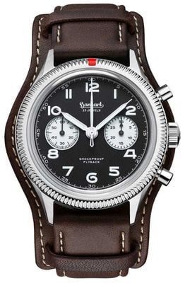 Hanhart 417 es flyback reverse panda (42mm) czarna tarcza / ciemnobrązowy skórzany pasek - m H721.211-7110