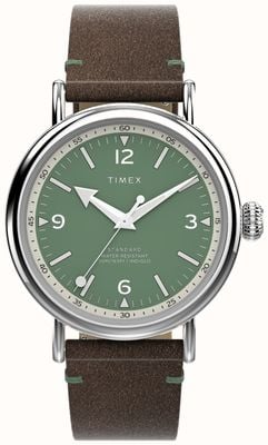Timex Esfera verde Waterbury (40 mm) para hombre/correa de piel marrón TW2V71200