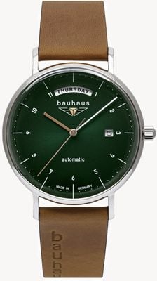 Bauhaus Clássico dia-data automático (41 mm) mostrador verde escuro / pulseira de couro marrom 21624