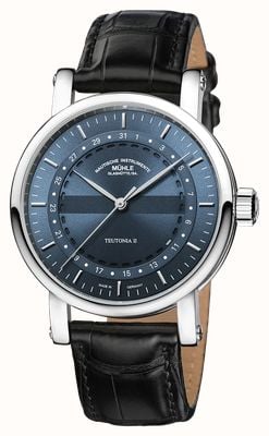 Mühle Glashütte Orologio Teutonia II automatico con datario (41 mm), quadrante grigio-blu e cinturino in pelle nera. M1-33-52-LB