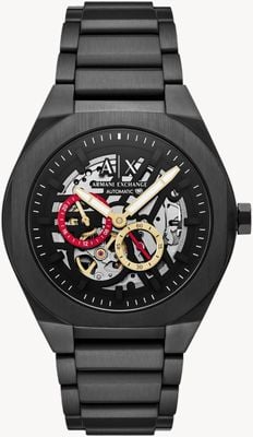 Armani Exchange Mechaniczny szkielet (44 mm) z czarną tarczą szkieletową / czarną bransoletą ze stali nierdzewnej PVD AX4196