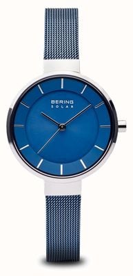 Bering Cadran solaire pour femmes, boîtier en argent, bracelet en maille bleue 14631-307