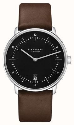 STERNGLAS Reloj de cuarzo Naos (38 mm), esfera negra piano / correa de piel marrón oscuro de primera calidad S01-NA53-PR04