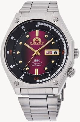 Orient Mechanisch horloge uit de jaren 70 (42 mm) met rode wijzerplaat met kleurverloop en roestvrijstalen armband. RA-AA0B02R39B