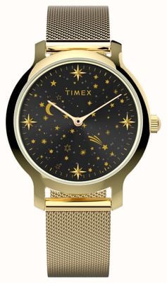 Timex Damska czarna tarcza typu Celestial Trans (31 mm) ze stalową bransoletą z siatki w kolorze złotym TW2W21500