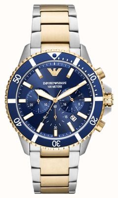 Emporio Armani Heren | blauwe chronograaf wijzerplaat | tweekleurige roestvrijstalen armband AR11362