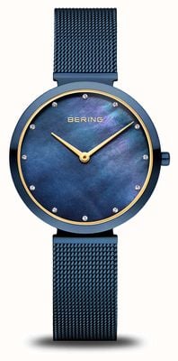 Bering Mostrador clássico feminino (32 mm) em madrepérola azul/pulseira de malha de aço inoxidável azul 18132-399