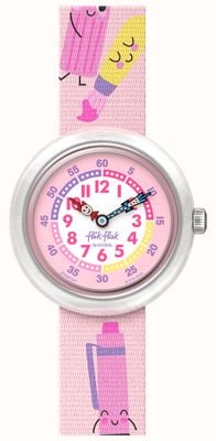Flik Flak In meiner Tasche (31,85 mm) weißes und rosa Zifferblatt / rosa Armband mit stationärem Muster FBNP247
