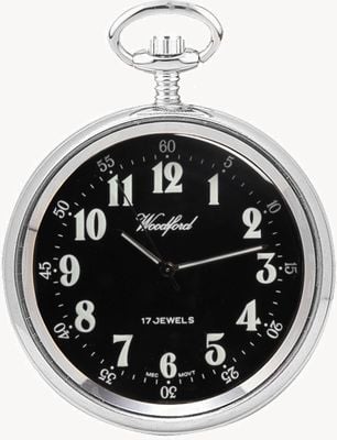 Woodford Montre de poche mécanique à cadran ouvert cadran noir en acier inoxydable 1040