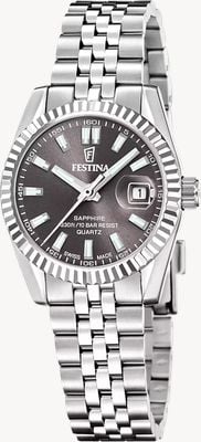 Festina Klassisches Schweizer Quarzwerk (29 mm), schwarzes Zifferblatt mit Sonnenschliff / Edelstahlarmband F20087/6