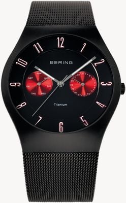 Bering Montre pour homme en titane avec bracelet en maille noire et rouge 11939-229