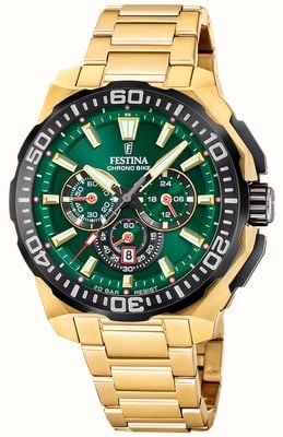 Festina Chrono Bike 2025 (45.5mm) Green Dial / Gold PVD Stainless Steel Bracelet F20727/2