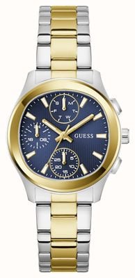 Guess Многофункциональный браслет Birdie (36 мм) с синим циферблатом и двухцветным ремешком из нержавеющей стали. GW1031L3