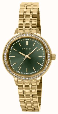 Radley Mouvement à quartz trois aiguilles serti de cristaux (28 mm), cadran vert cactus soleillé / bracelet en acier inoxydable plaqué or. RY4686