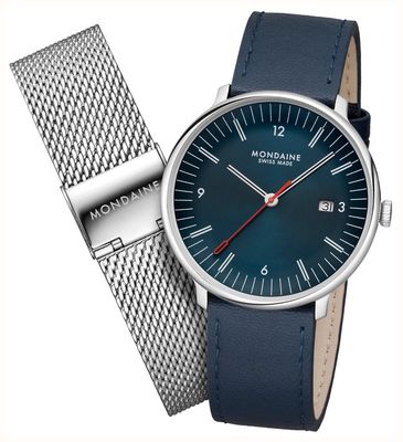 Mondaine Doppio (41 mm) blaues Zifferblatt / blaues veganes Apfellederarmband & Edelstahl-Mesh-Armband-Set MLE.41240.LQV.SET