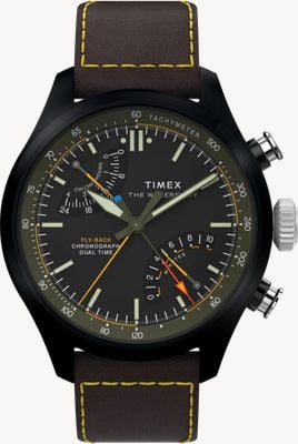 Timex Waterbury Ace Fly-Back Chronograph (43mm) Black Dial / Brown Leather Strap TW2Y70100