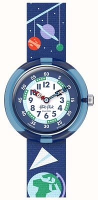 Flik Flak Schulsachen (31,85 mm) weißes und blaues Zifferblatt / blaues Armband mit Weltraummuster FBNP245