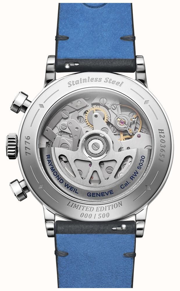 Raymond Weil Millesime Automatic Chronograph Limited Edition (39mm) Light Blue Dial / Dark Blue Leather Strap 7776-STC-65501 - autre vue 3