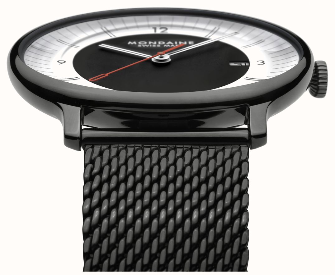 Mondaine Doppio Mirror Limited Edition (41mm) Mirror & Black Dial / Black Stainless Steel Mesh Bracelet Watch MLE.41280.SM - alternate view 4