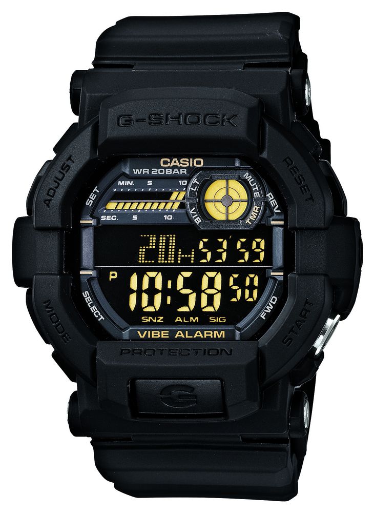 Casio G Shock Vibrating 5 Alarm Watch Black Yellow GD 350 1BER James Moore Co. Jewellers of Distinction Since 1997 in Kenilworth Warwickshire