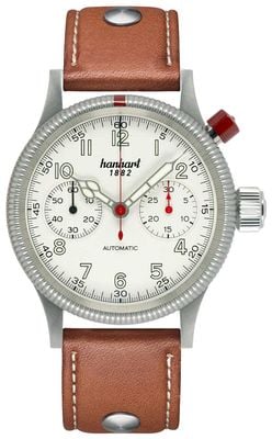 Hanhart Pioneer MK I Automatik-Chronograph (40 mm), antikes weißes Zifferblatt / hellbraunes Lederarmband mit Nieten - M 714.200-0210