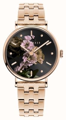 Ted Baker Mostrador floral preto phylipa feminino (34 mm) / pulseira de aço inoxidável em tom de ouro rosa BKPPHF306