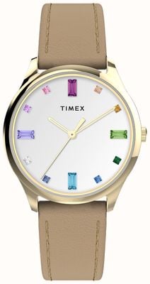 Timex Pulseira de couro marrom com mostrador de cristal arco-íris branco da rua principal feminina TW2V76300