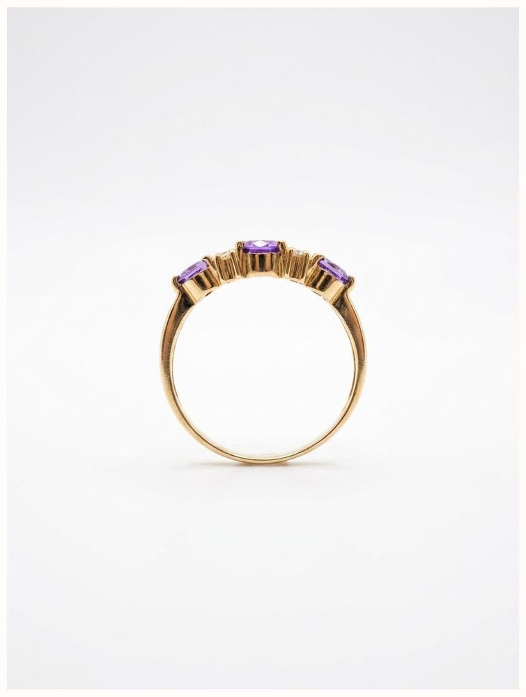 James Moore & Co .02ct Natural Diamond & 3 Amethyst Stones 9ct Yellow Gold Band Ring SM** - alternate view 3