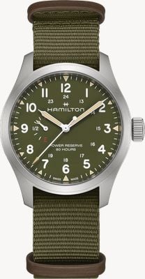 Hamilton Relógio mecânico Khaki field com reserva de marcha (40mm) mostrador verde / pulseira têxtil NATO verde H69509960