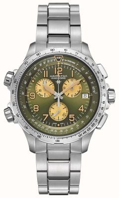 Hamilton Kaki luchtvaart x-wind gmt chronograaf quartz (46 mm) groene wijzerplaat / roestvrijstalen armband H77932160