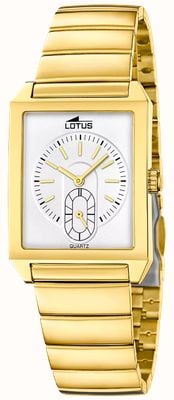 Lotus Square serie quartzhorloge met kleine secondewijzer (33,5 mm) met zilveren wijzerplaat en verguld roestvrijstalen bandje. 19077/1