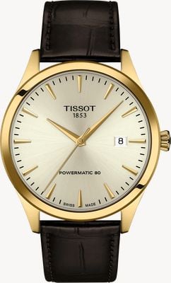 Tissot Classic Dream Powermatic 80 (40 mm) elfenbeinfarbenes Zifferblatt / dunkelbraunes Lederarmband T1584073626100