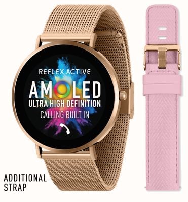 Reflex Active Zestaw zegarków smart call z serii 42 AMOLED ultraslim (43 mm) z różowozłotą siatką stalową i różowymi silikonowymi paskami RA42-2210